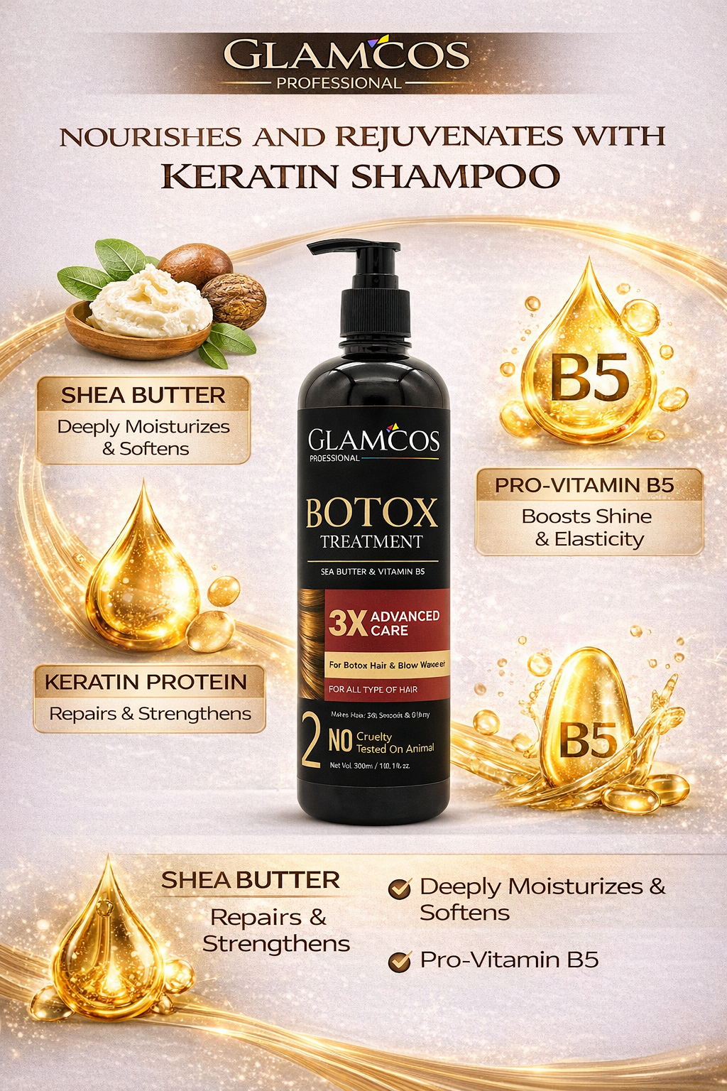GLAMCOS Professional Botox Hair Treatment 500 ml – Salon-Like Smooth Hair, 3X Advanced Care with Shea Butter & Vitamin B5 - Image 4