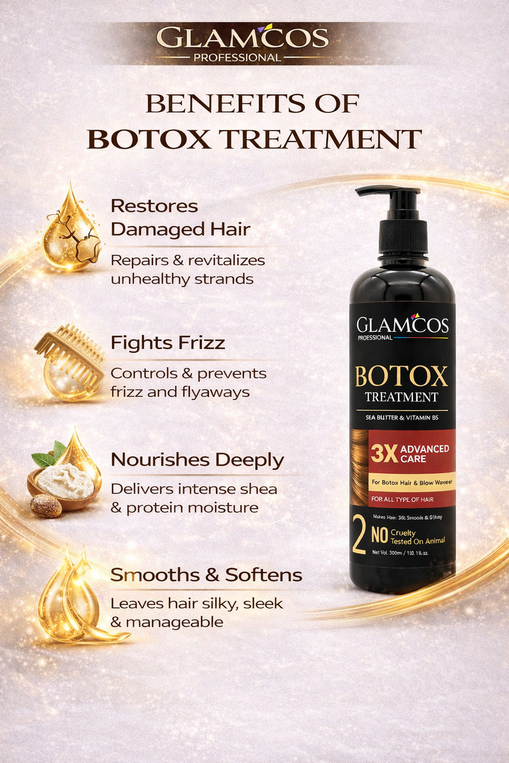 GLAMCOS Professional Botox Hair Treatment 500 ml – Salon-Like Smooth Hair, 3X Advanced Care with Shea Butter & Vitamin B5 - Image 3