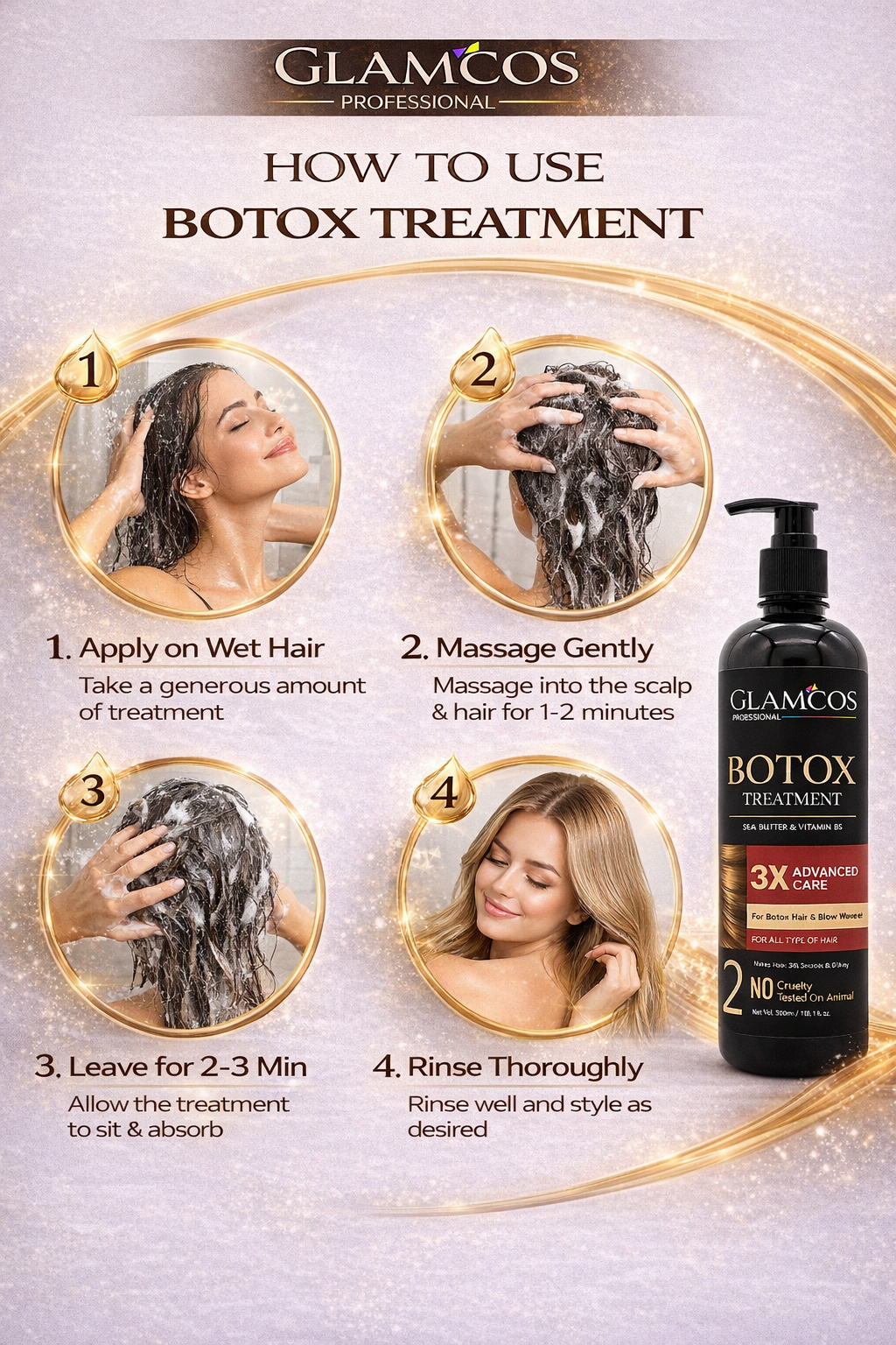 GLAMCOS Professional Botox Hair Treatment 500 ml – Salon-Like Smooth Hair, 3X Advanced Care with Shea Butter & Vitamin B5 - Image 5