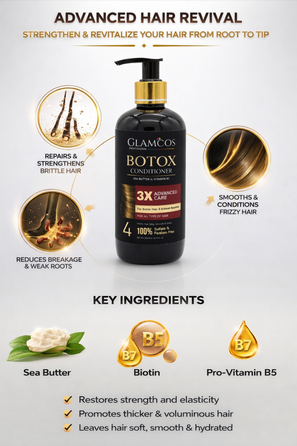 GLAMCOS Professional Botox Conditioner – 3X Advanced Care with Shea Butter & Vitamin B5 for Smooth, Silky & Frizz-Free Hair - Image 4