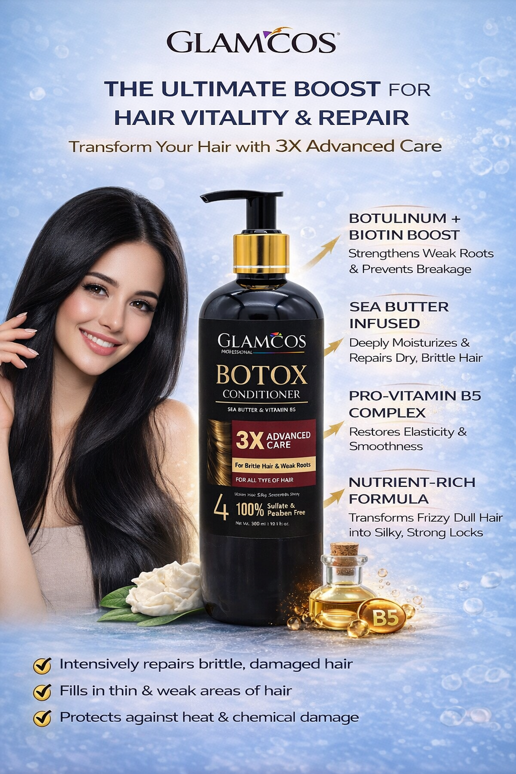 GLAMCOS Professional Botox Conditioner – 3X Advanced Care with Shea Butter & Vitamin B5 for Smooth, Silky & Frizz-Free Hair - Image 5