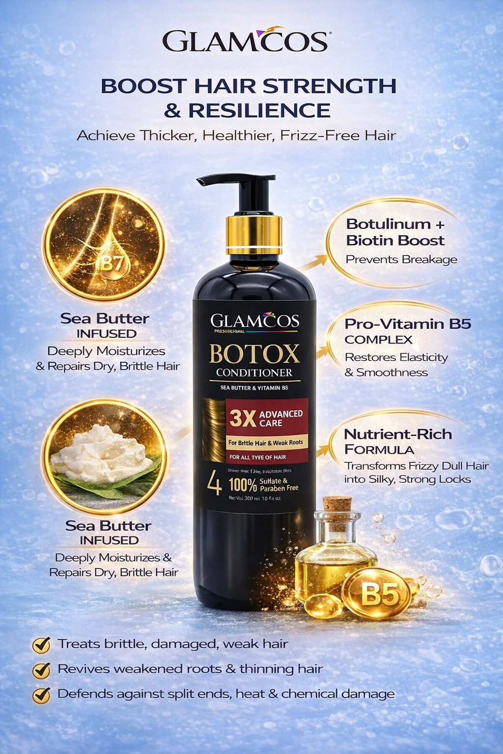 GLAMCOS Professional Botox Conditioner – 3X Advanced Care with Shea Butter & Vitamin B5 for Smooth, Silky & Frizz-Free Hair - Image 6