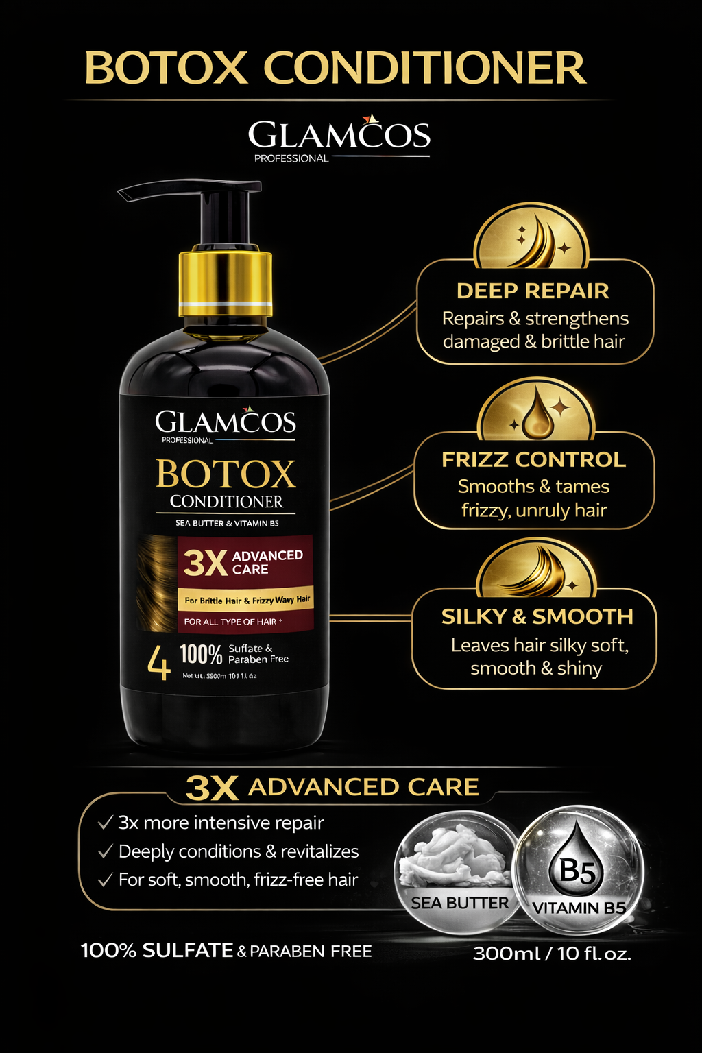 GLAMCOS Professional Botox Conditioner – 3X Advanced Care with Shea Butter & Vitamin B5 for Smooth, Silky & Frizz-Free Hair - Image 3