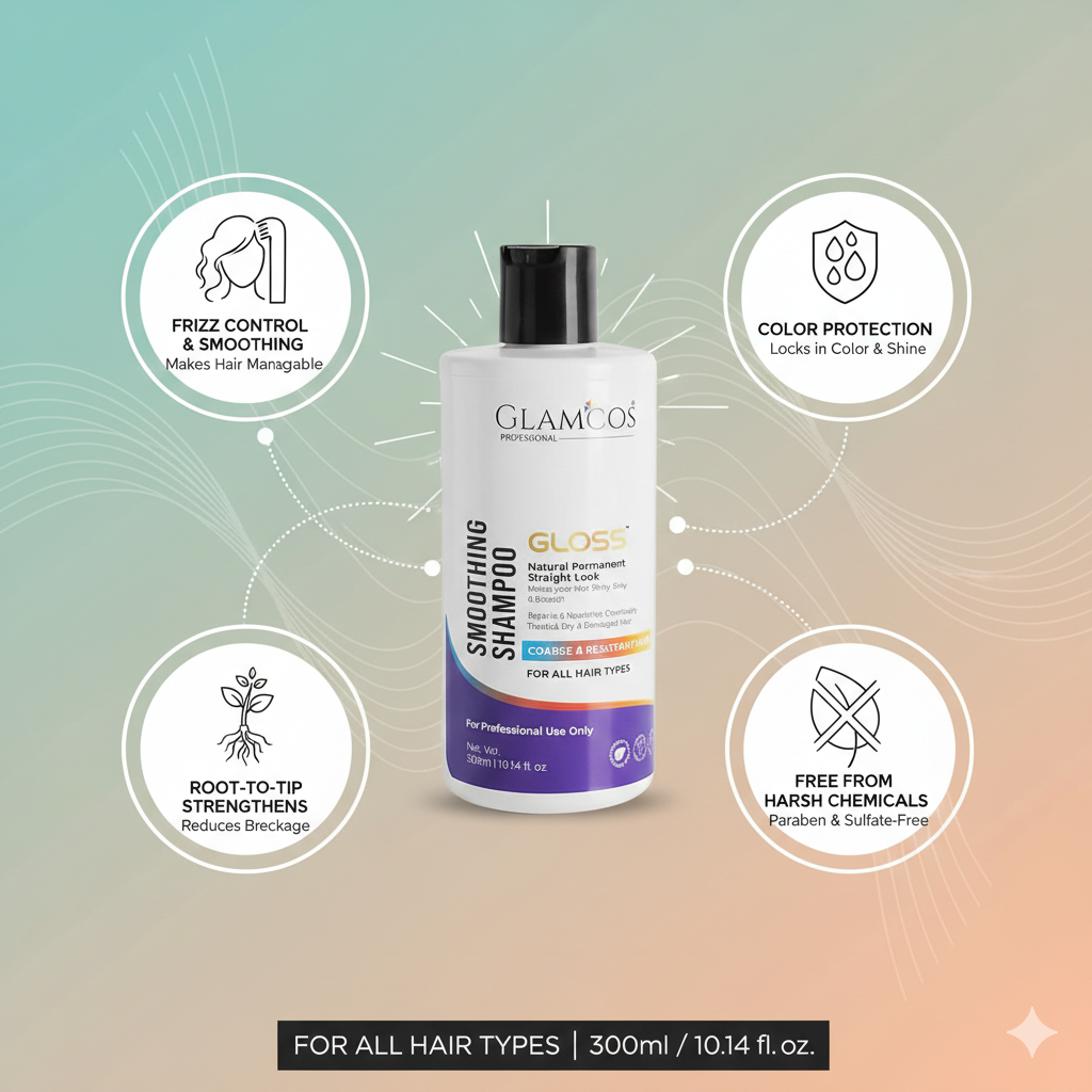 Glamcos Professional Gloss Smoothing Shampoo 300 ml – Wheat Protein Infused, Frizz Control & Natural Straight Look for All Hair Types - Image 3