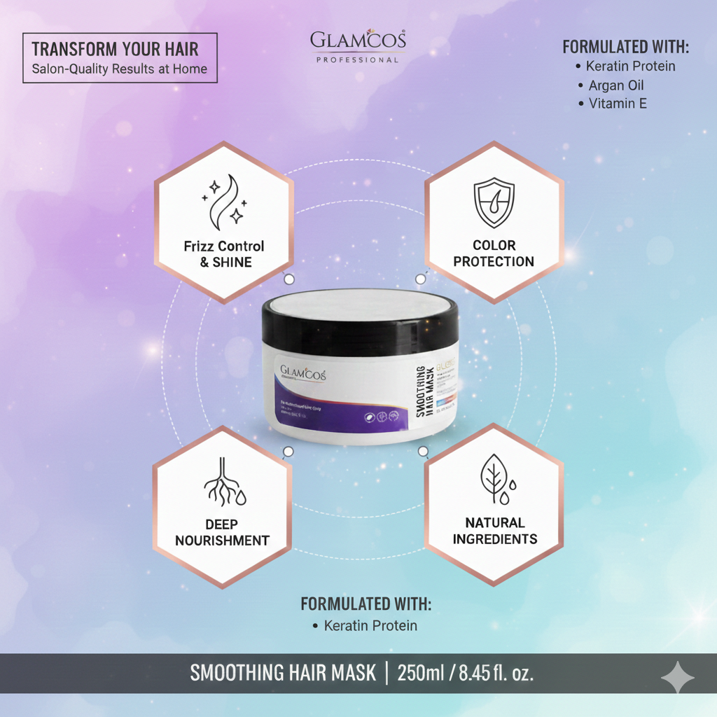 Glamcos Professional Gloss Smoothing Hair Mask 250 ml – Deep Conditioning, Frizz Control & High-Gloss Finish for All Hair Types - Image 3