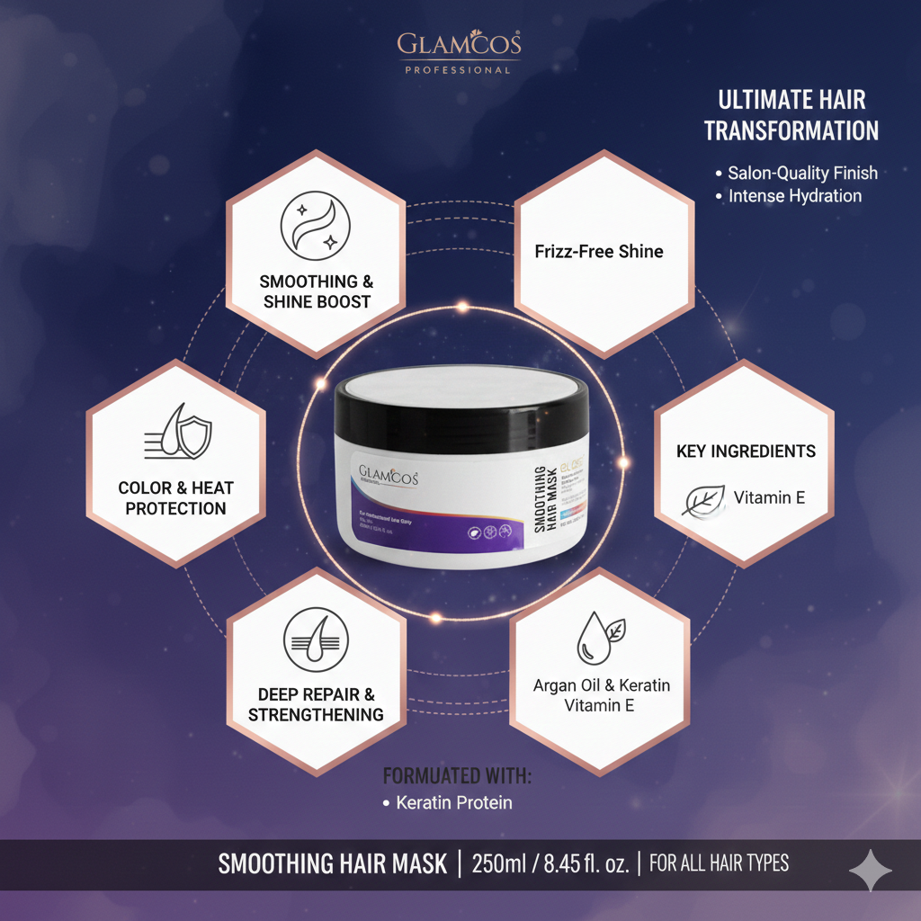 Glamcos Professional Gloss Smoothing Hair Mask 250 ml – Deep Conditioning, Frizz Control & High-Gloss Finish for All Hair Types - Image 4
