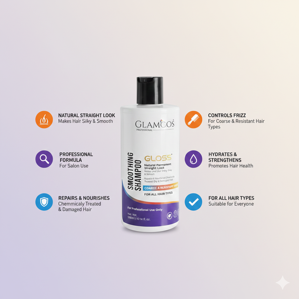 Glamcos Professional Gloss Smoothing Shampoo 300 ml – Wheat Protein Infused, Frizz Control & Natural Straight Look for All Hair Types - Image 2