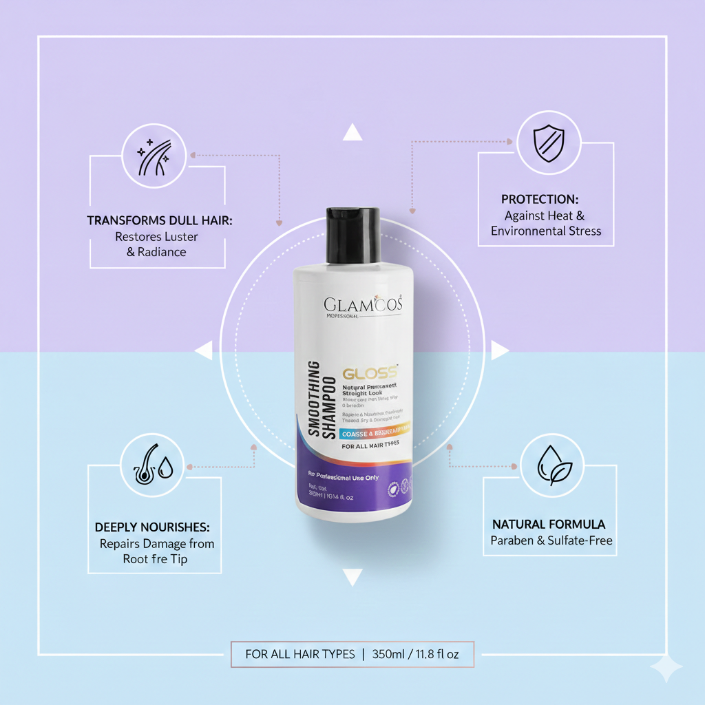 Glamcos Professional Gloss Smoothing Shampoo 300 ml – Wheat Protein Infused, Frizz Control & Natural Straight Look for All Hair Types - Image 4