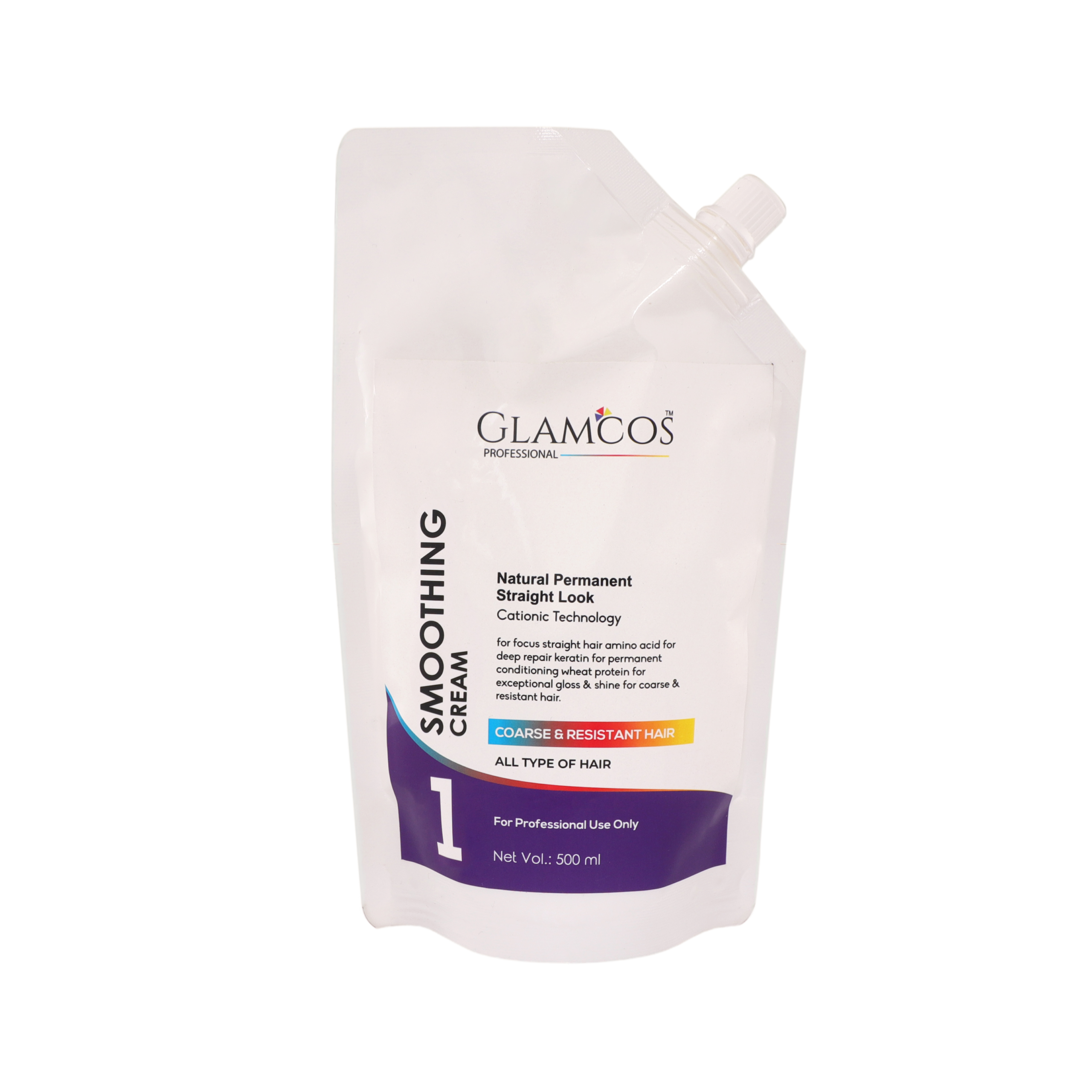 Glamcos Professional Smoothing Cream – Natural Permanent Straight Look | Keratin Conditioning Hair Straightening Cream for Coarse & Resistant Hair | Salon Professional Use | 500ml