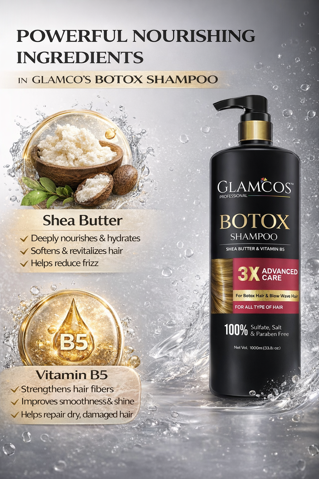 Glamco’s Professional Botox Shampoo 1000ml – 3X Advanced Care | Shea Butter & Vitamin B5 | Sulfate, Salt & Paraben Free - Image 3
