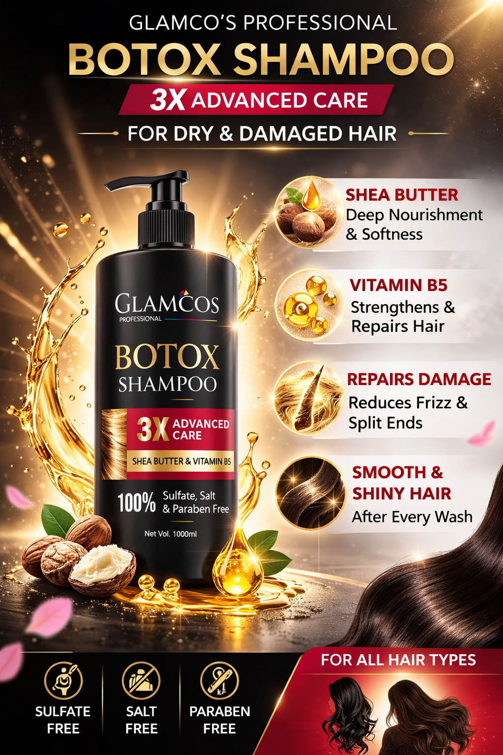 Glamco’s Professional Botox Shampoo 1000ml – 3X Advanced Care | Shea Butter & Vitamin B5 | Sulfate, Salt & Paraben Free - Image 2