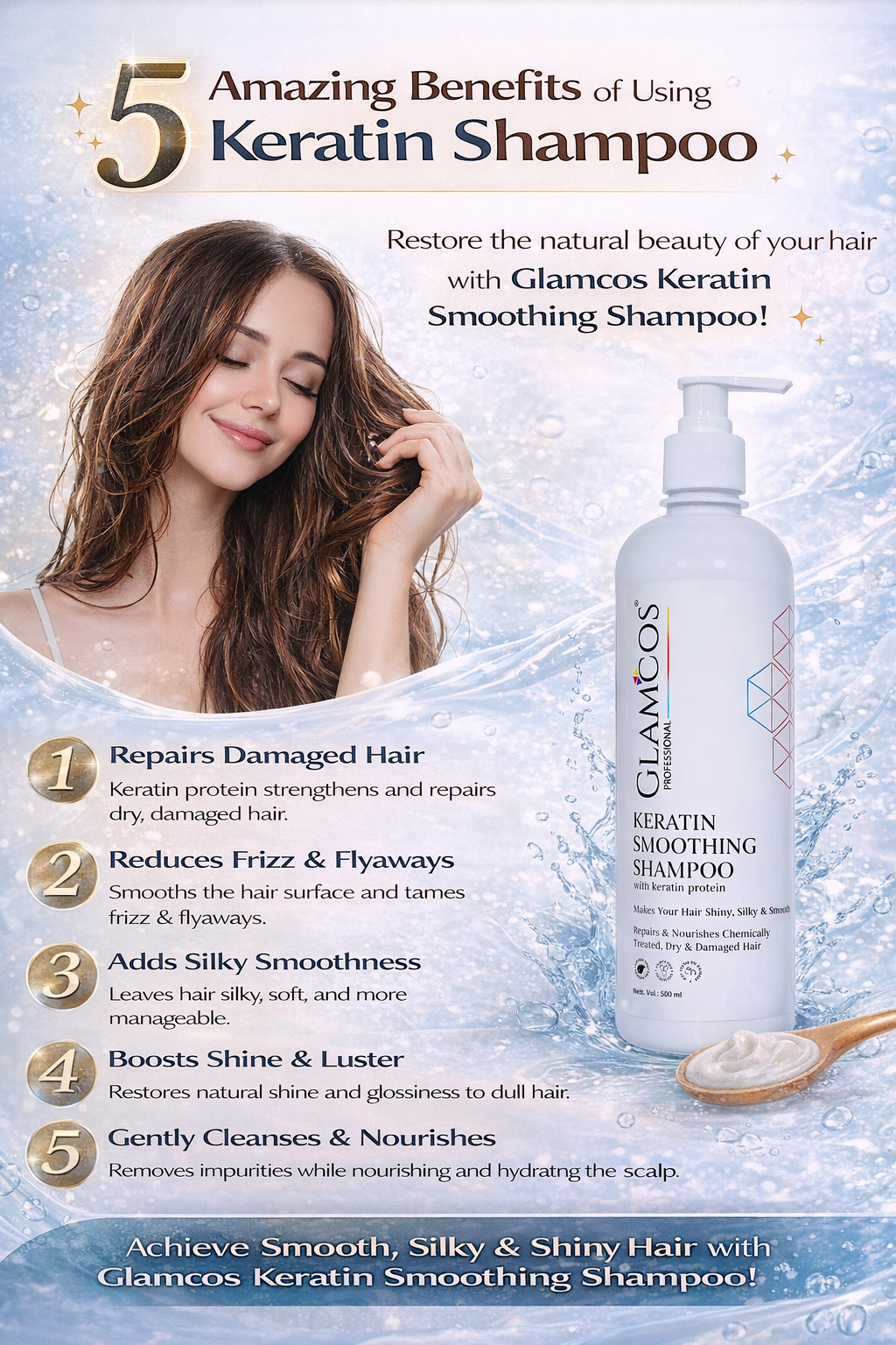Glamcos Professional Keratin Smoothing Shampoo with Keratin Protein – Repairs Dry & Damaged Hair | Smooth, Silky & Shiny Hair | 500ml - Image 2